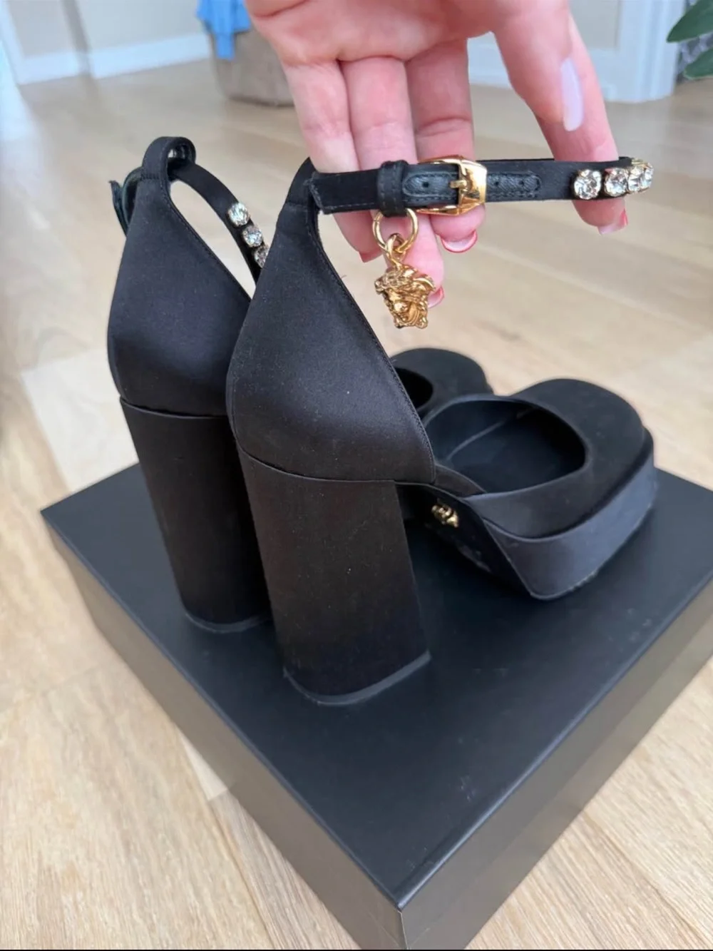 Versace Black Satin Platform Ankle-Strap Heels with Crystal Detail